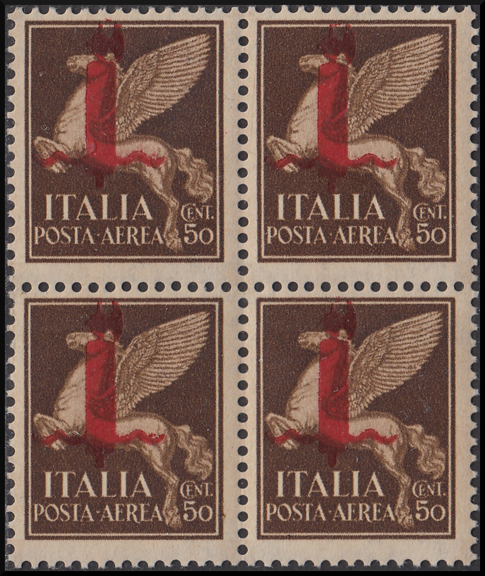 RSI - Overprint essays, Air Mail c. 50 brown block of 4 copies with red overprint type "l" (P14) new intact