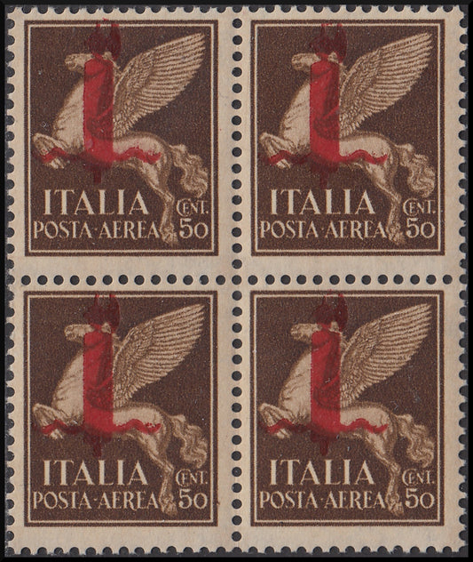 RSI - Overprint essays, Air Mail c. 50 brown block of 4 copies with red overprint type "l" (P14) new intact