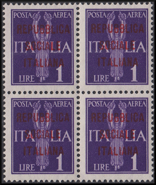 RSI - Overprint essays, Posta Aerea L 1 violet block of 4 copies with red overprint type "m" (P15) new intact