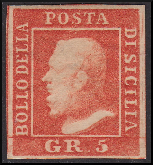 SIC115 - 1859 - Effigie di Ferdinando II di Borbone volta a sinistra, 5 grana arancio vermiglio carta di Palermo integro (11aa)