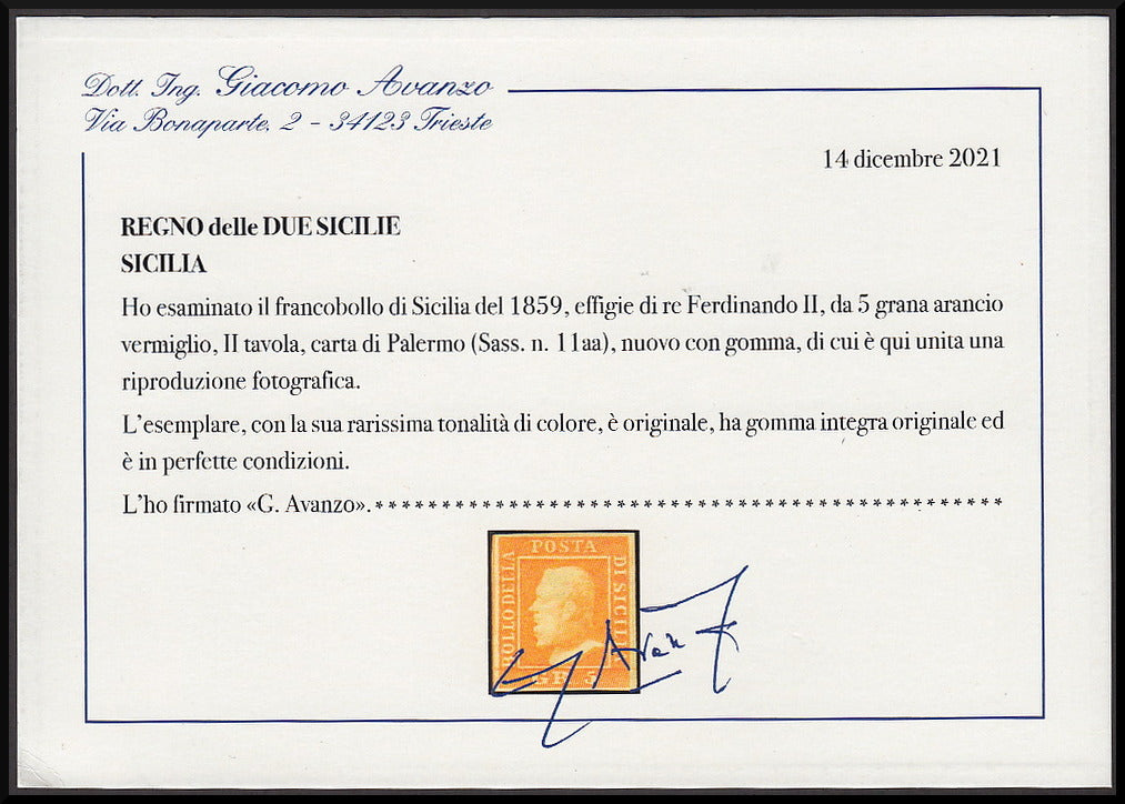 Effigie di Ferdinando II di Borbone volta a sinistra, 5 grana arancio vermiglio carta di Palermo integro (11aa)
