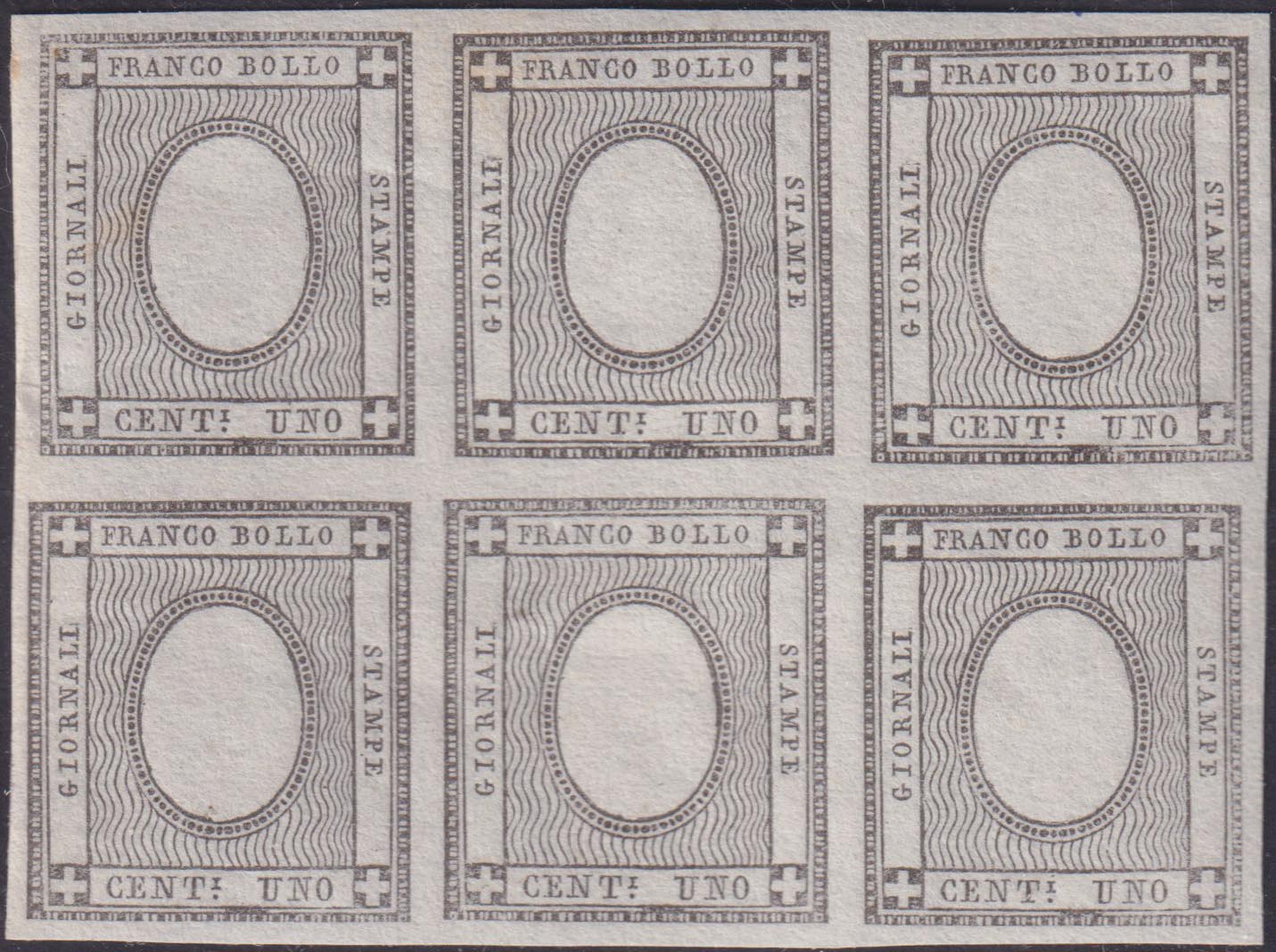 1861 - Stampati, c. 1 grigio nero, blocco di 6 senza impressione della cifra "1", nuovo integro (19h)