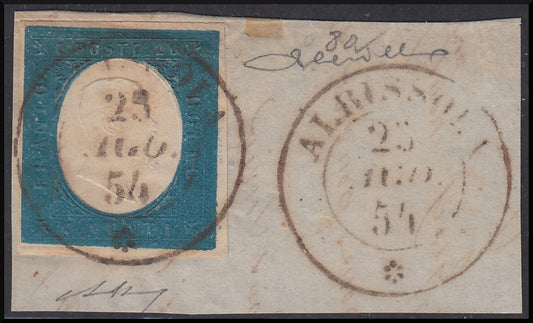 1854 - Regno di Sardegna III emissione, c. 20 celeste usato Albissola 23/8/54 (8a) annullo punti 5