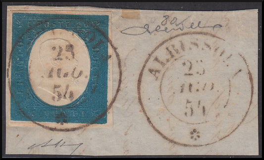 1854 - Kingdom of Sardinia III issue, c. 20 light blue used Albissola 23/8/54 (8a) cancellation of 5 points