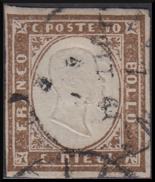 1861 - Sardegna IV emissione c. 10 bruno cioccolato chiaro I tavola usato (14Cea)