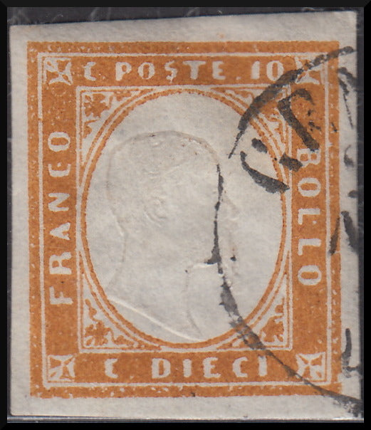 1862 - Sardinia IV issue c. 10 orange bistro II table used (14Df)