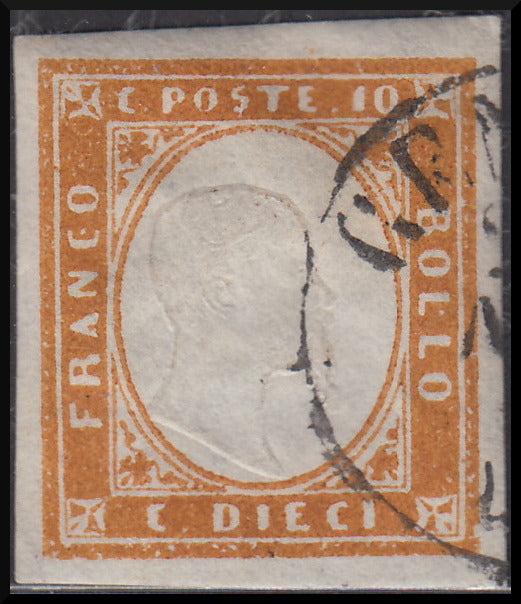 1862 - Sardegna IV emissione c. 10 bistro arancio II tavola usato (14Df)