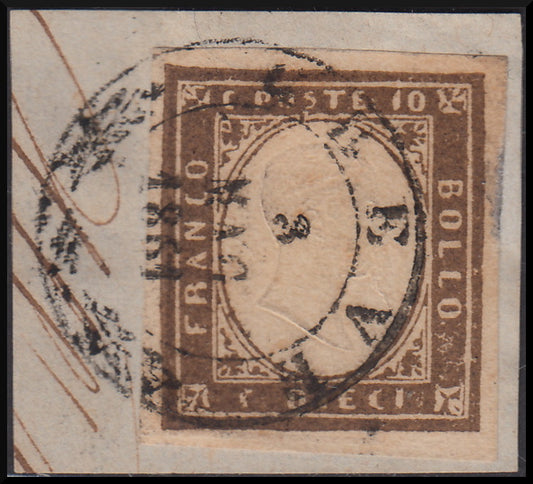 1861 - Sardinia IV issue c. 10 dark chocolate brown I table used (14Ce)