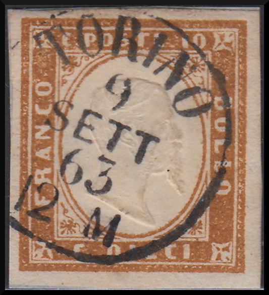 1863 - Sardinia IV issue c. 10 dark bistro II table used (14Eb)