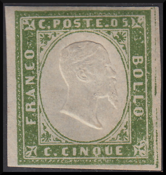 1859 - Sardinia IV issue c. 5 light greyish olive green III composition (13Bd) new with rubber.