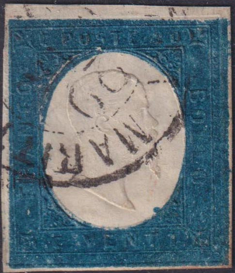 Regno di Sardegna 1854 - III emissione c. 20 azzurro usato NIZZA MARITTIMA (8)