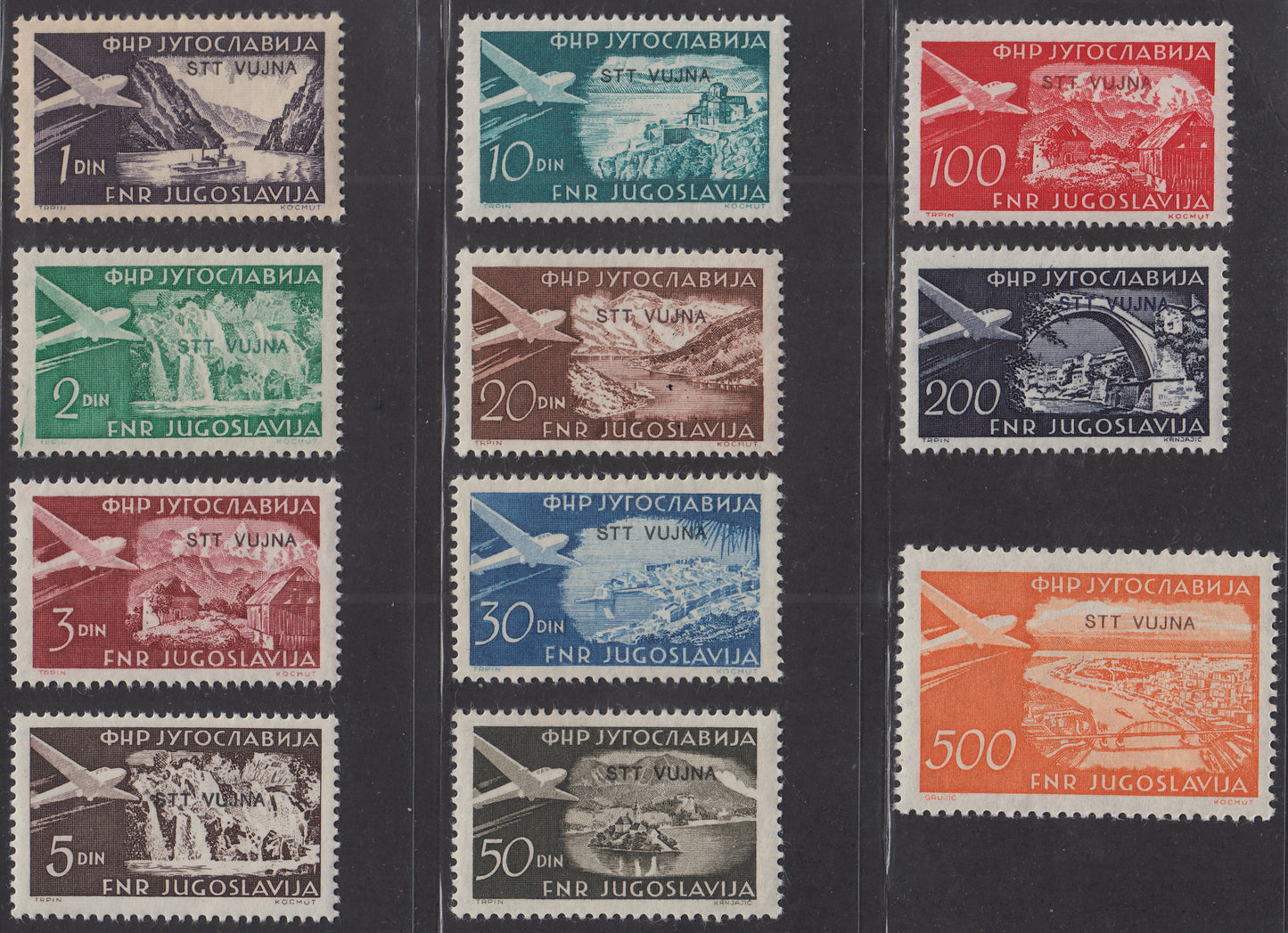 1954 - Posta Aerea, francobolli di Jugoslavia soprastampati, serie completa di 11 valori nuova integra (21/31)