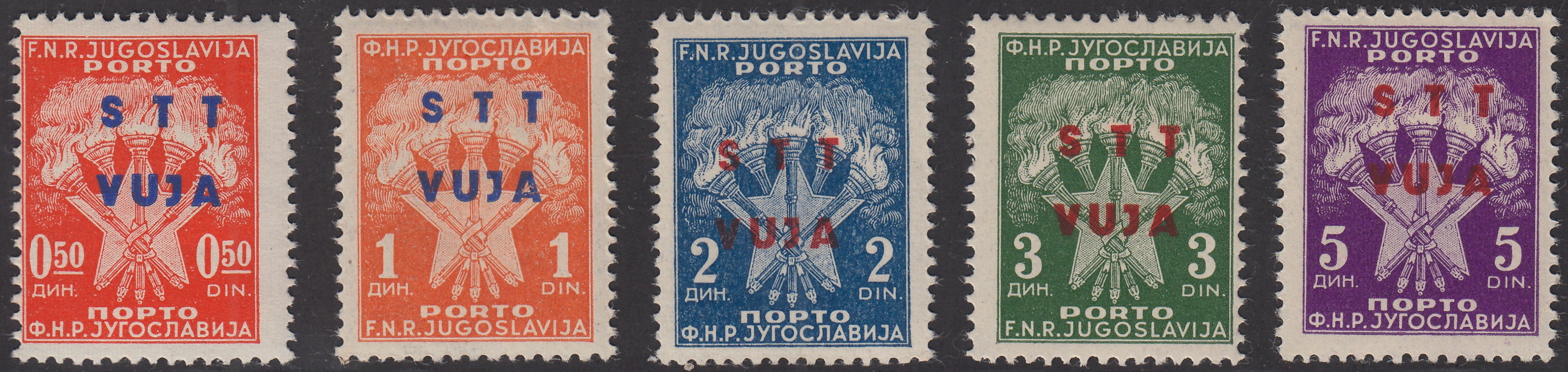 1949 - Segnatasse di Jugoslavia soprastampate, serie completa di cinque esemplari nuova con gomma integra (1/5).
