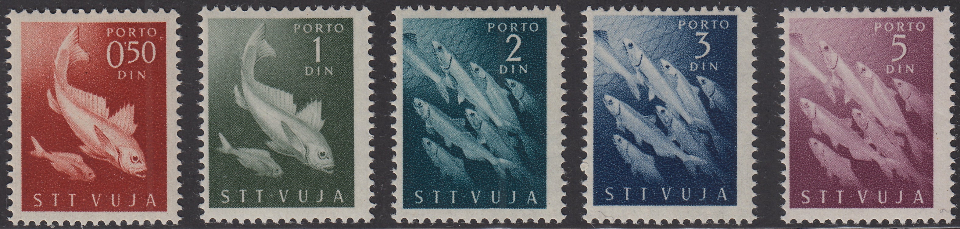 1949 - Segnatasse di Jugoslavia, serie "Pesci" completa di cinque esemplari nuova con gomma integra (6/10).