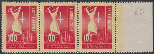 1948 - "Primo Maggio", tipografía única con escrituras en esloveno, italiano y croata, tríptico nuevo con goma intacta (1/3)