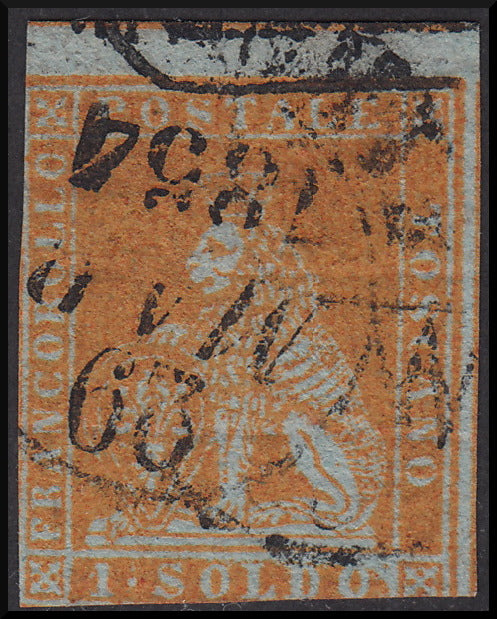 Leone di Marzocco, 1 soldo arancio su carta grigio-azzurrata e filigrana corona, usato (2e)