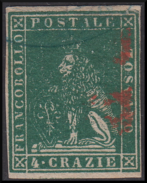 TOS22 - 1857 Leone di Marzocco, 4 crazie verde su carta bianca e filigrana linee ondulate usato (14)