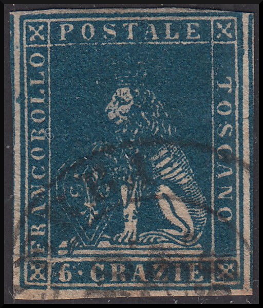 TOS23 - 1857 Leone di Marzocco, 6 crazie azzurro su carta bianca e filigrana linee ondulate usato (15)