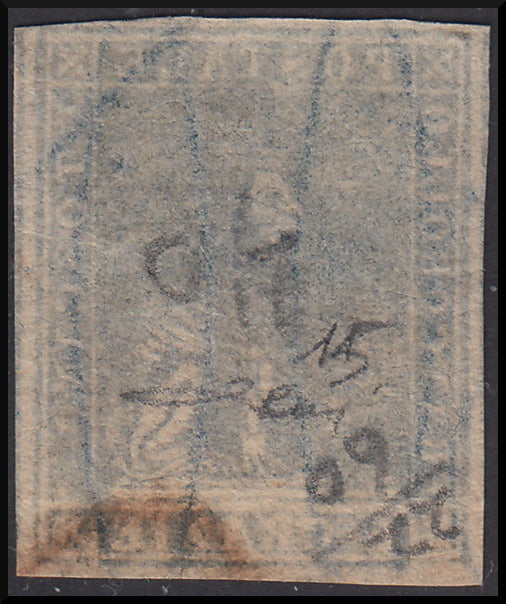 TOS23 - 1857 Leone di Marzocco, 6 crazie azzurro su carta bianca e filigrana linee ondulate usato (15)