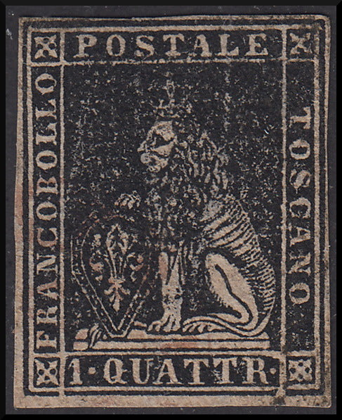 TOS24 - 1857 Leone di Marzocco, 1 quattrino nero su carta bianca e filigrana linee ondulate usato (10)