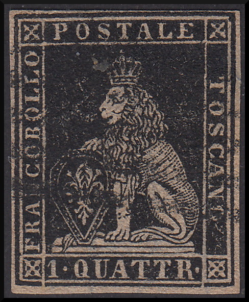 TOS25 - 1857 Leone di Marzocco, 1 quattrino nero su carta bianca e filigrana linee ondulate usato (10)