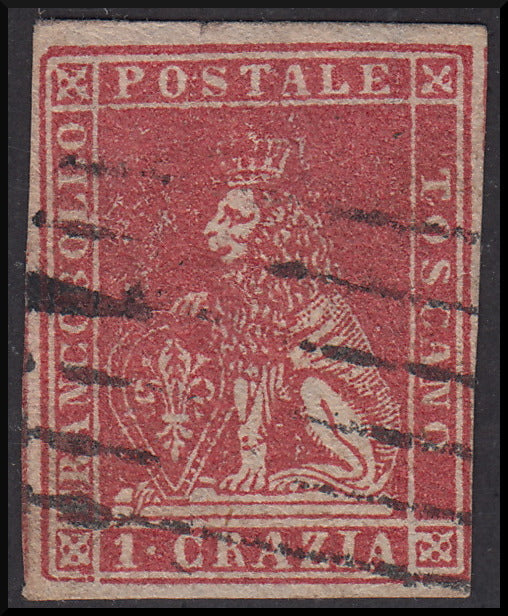 TOS26 - 1857 Leone di Marzocco, 1 crazia carminio su carta bianca e filigrana linee ondulate, usato (12)