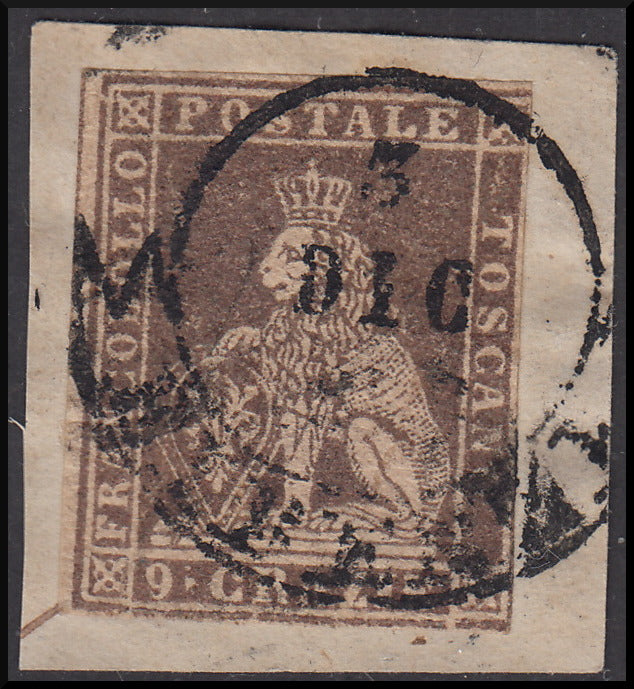 TOS27 - 1859 - Leone di Marzocco, 9 lilac brown crazie on white paper and watermark wavy lines used on fragment (16)