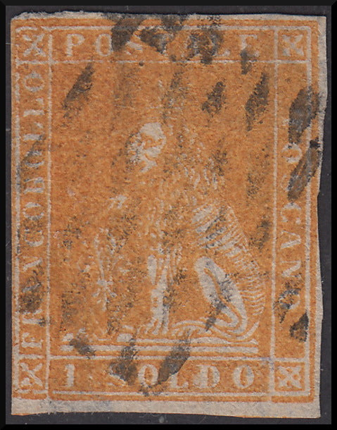 TOS28 - 1857 Leone di Marzocco, 1 soldo ocra su carta bianca e filigrana linee ondulate usato (11)