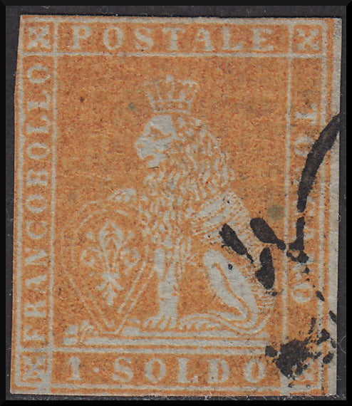 Leone di Marzocco, 1 soldo bistro arancio su carta grigia e filigrana corona, usato (2d)