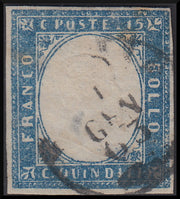 VEII12 - Regno d'Italia 1863 c. 15 celeste latteo grigiastro tipo Sardegna usato 1/1/1863 primo giorno d'emissione (11da)