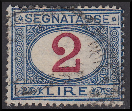 Kingdom of Italy, postage due, L. 2 light blue and carmine with decal of the number "2", used (29c)