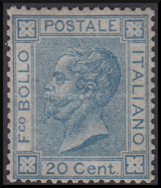 Regno d'Italia 1867 c. 20 azzurro lillaceo chiaro nuovo con gomma originale (L26a)